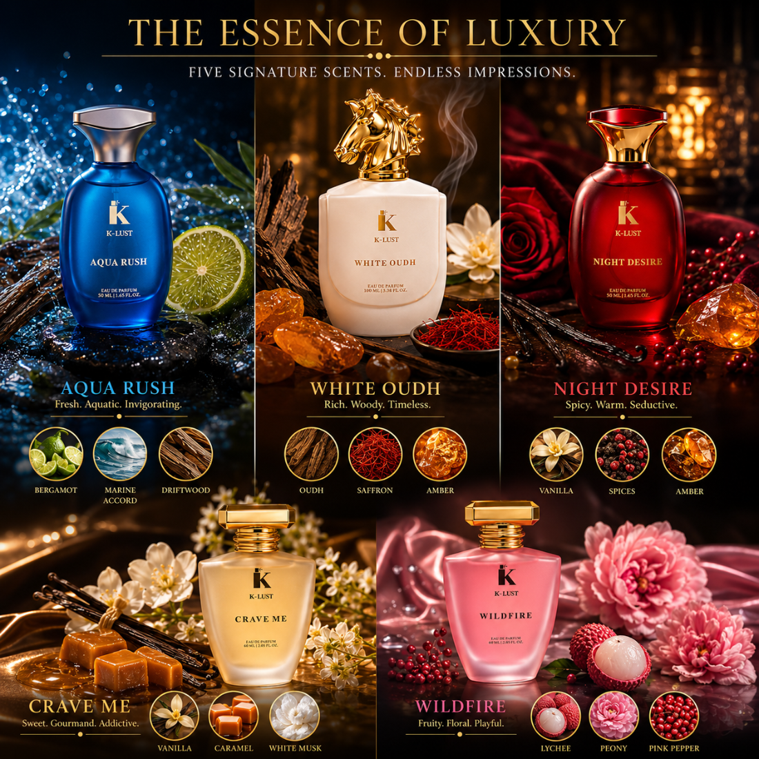 K-LUST Premium Perfume Collection with 5 Signature Fragrances for Men and Women