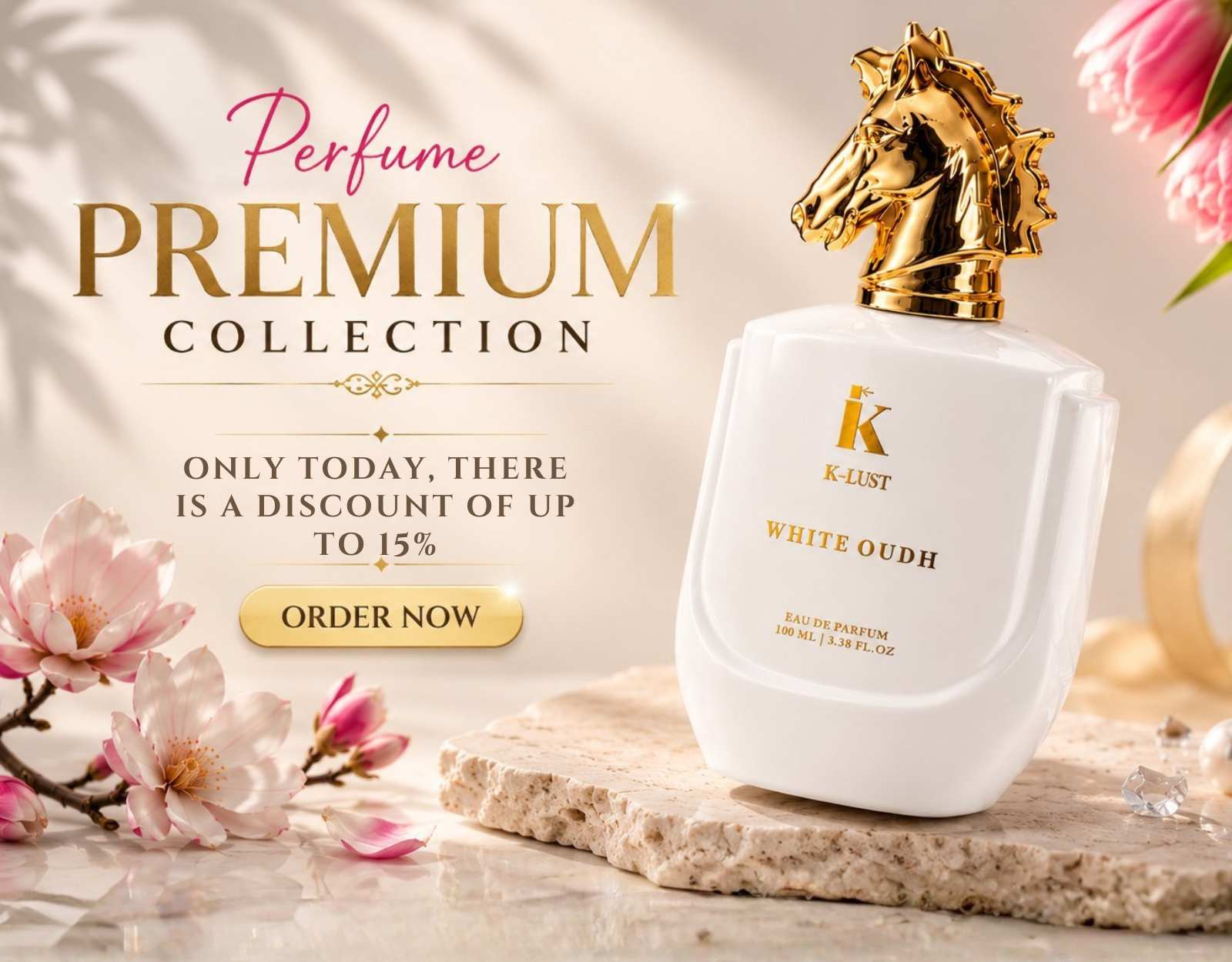 K-LUST White Oudh Perfume for Men & Women – Premium Eau De Parfum with Elegant White Bottle, Gold Horse Cap, Floral Notes and Long Lasting Luxury Fragrance.